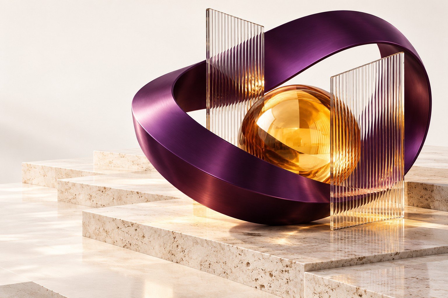 Purple architectural loop with ribbed glass and amber sphere on white stone